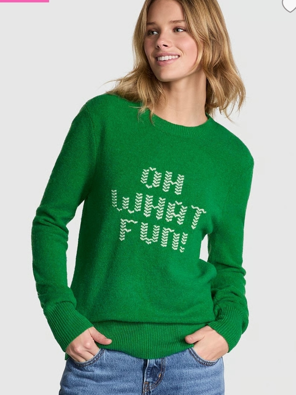 PINK Victoria's Secret Green 'Oh What Fun' Crewneck Sweater